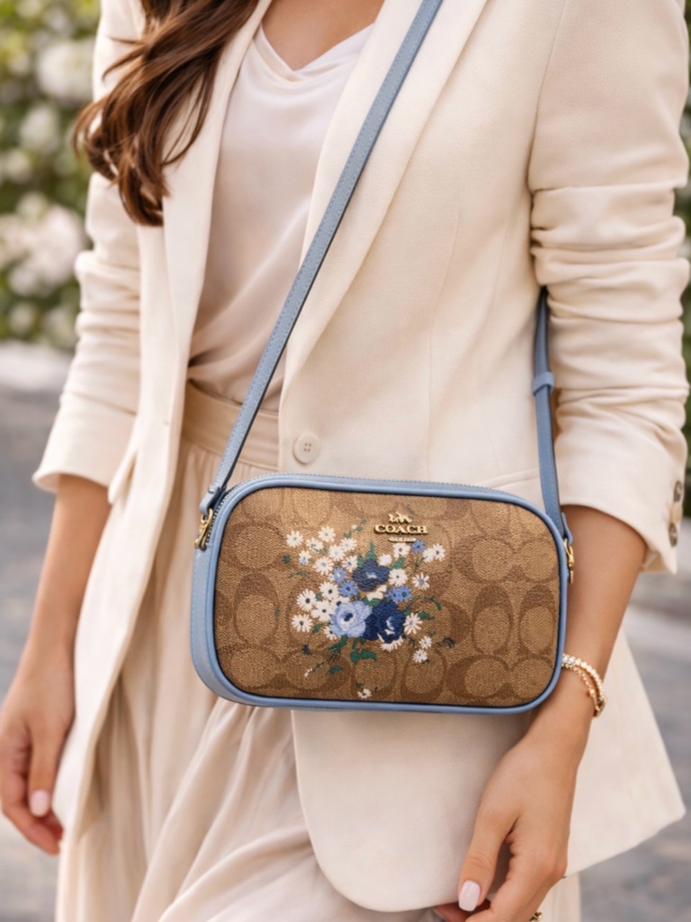 Coach Brown Signature Canvas Crossbody with Blue Floral Trim